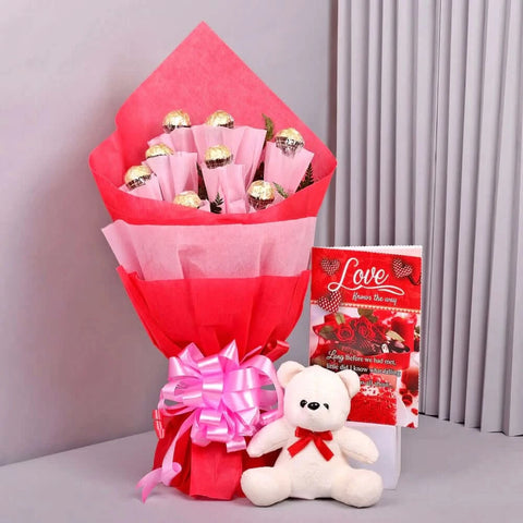 Splendid Ferrero Bouquet with Teddy and Greeting Card